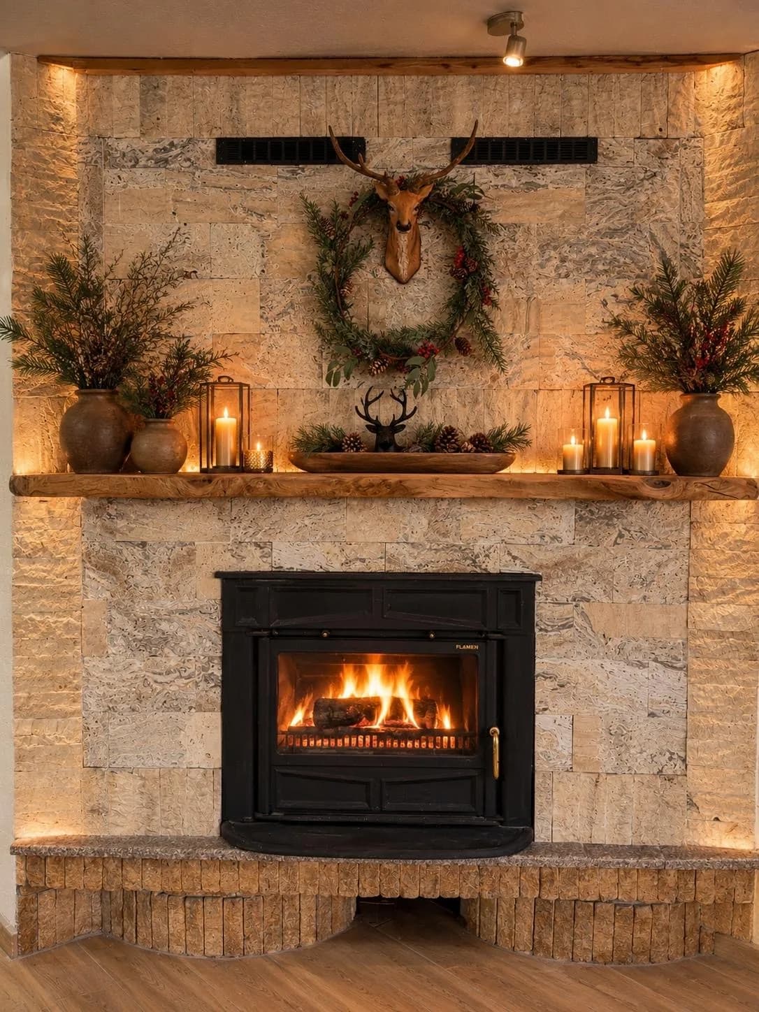 A lit stone fireplace with candles and greenery at Villa Noar II